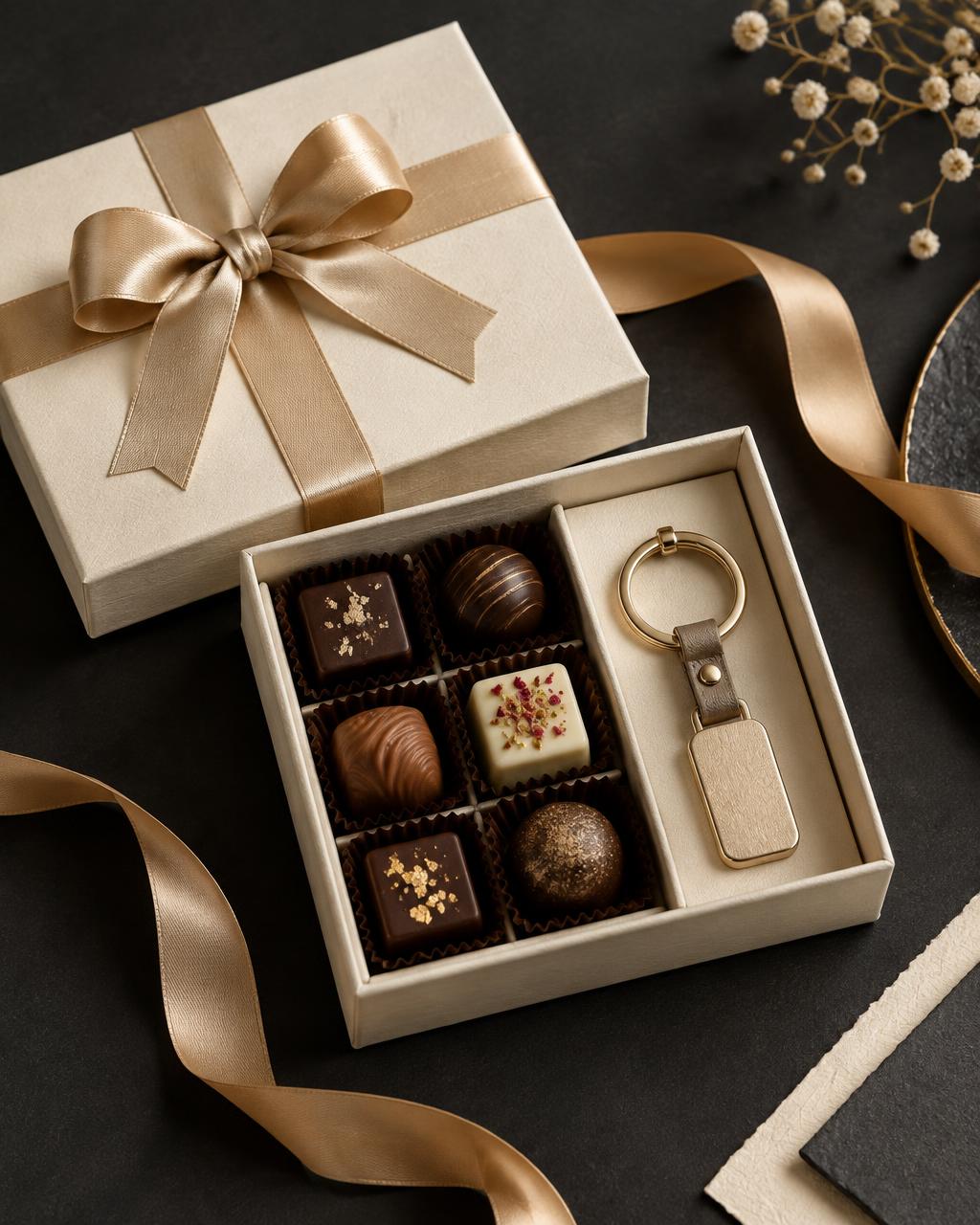 Premium ivory gift box with chocolates and a metal key chain