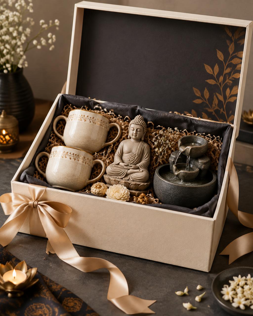 Premium home hamper with crockery set, Buddha statue and tabletop fountain