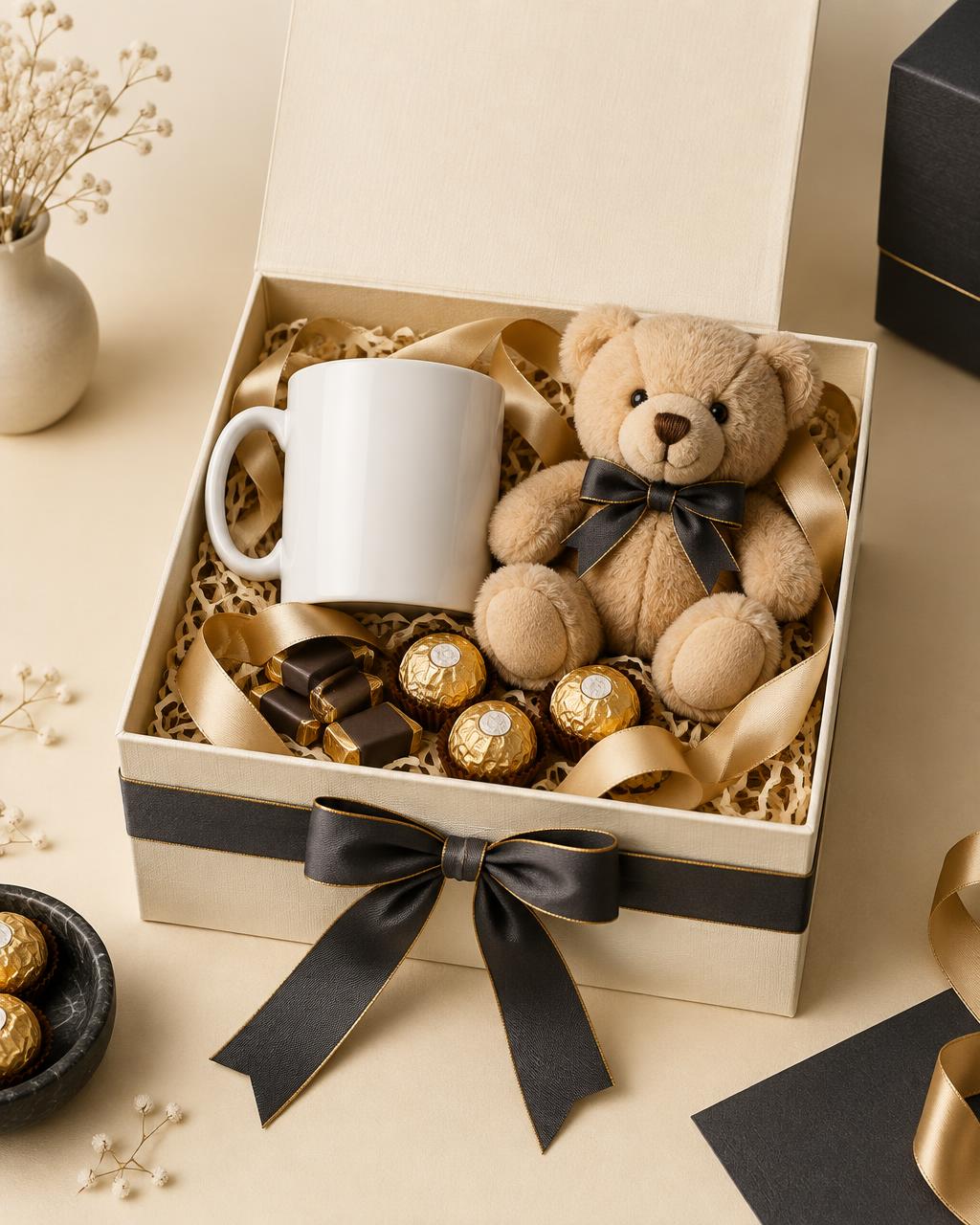 Premium gift box with customized coffee mug, soft toy and chocolates
