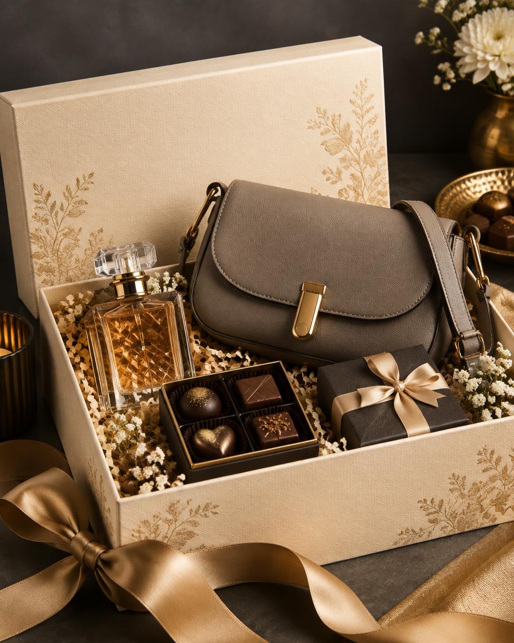 Premium hamper with perfume, women's sling bag and chocolates