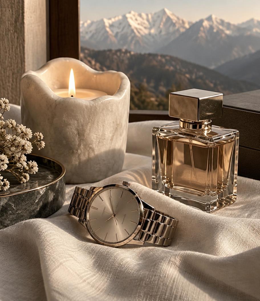 Watch, perfume and candle arranged as a premium gift
