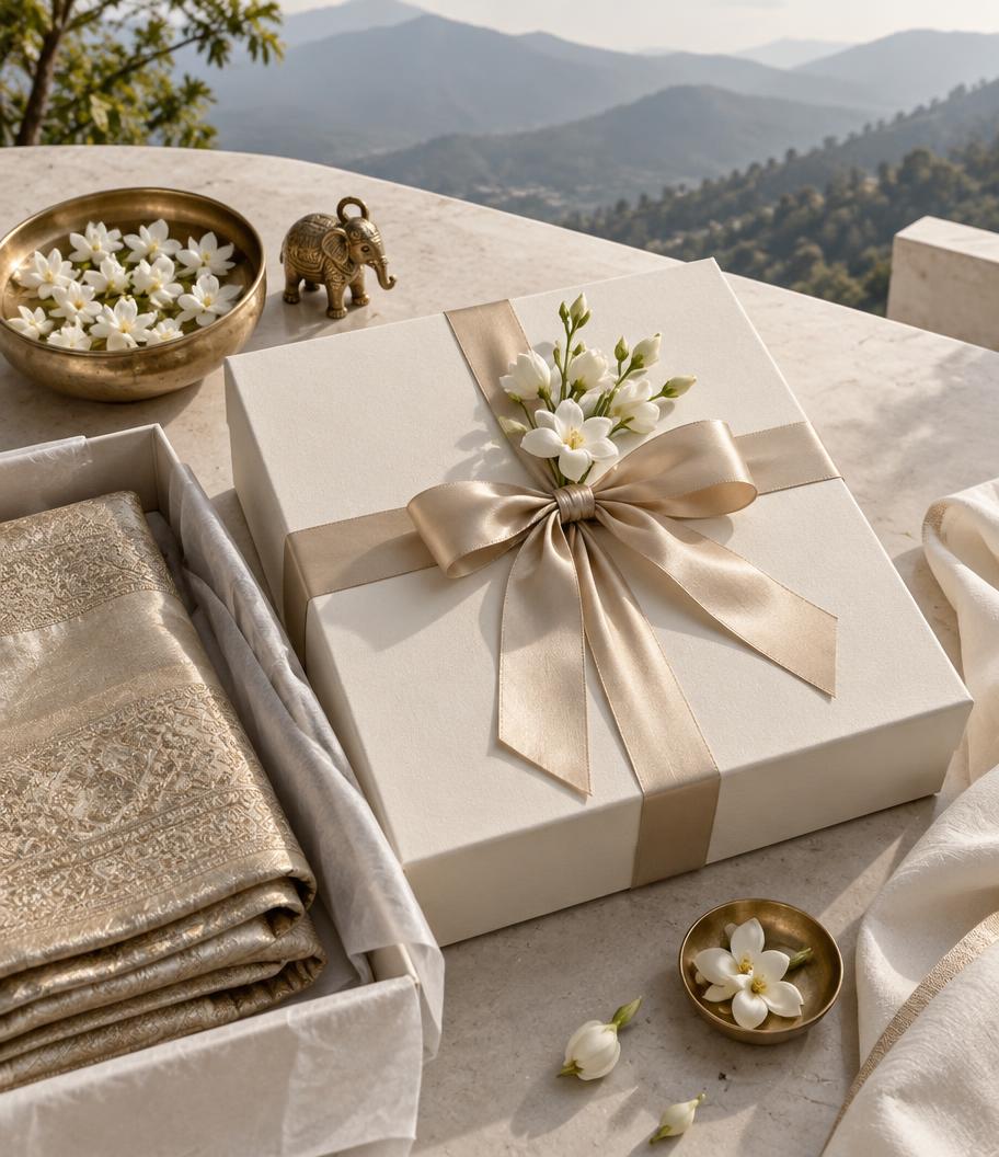 Ivory wedding gift with champagne ribbon and Indian craft details